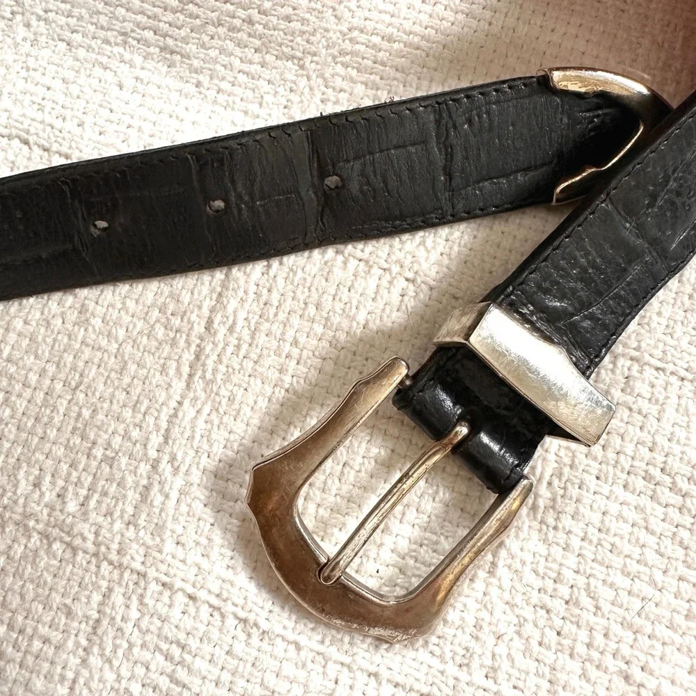 VTG 90s Honest Safari Animal Concho Leather Belt Black Croc Embossed Silver 32